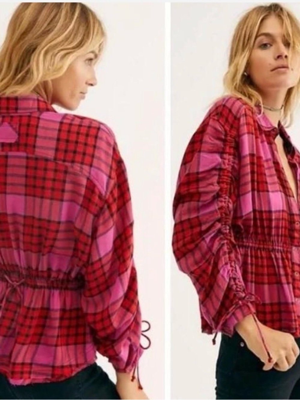 Free people Pink Red Plaid Ruched Waist Women's Shirt